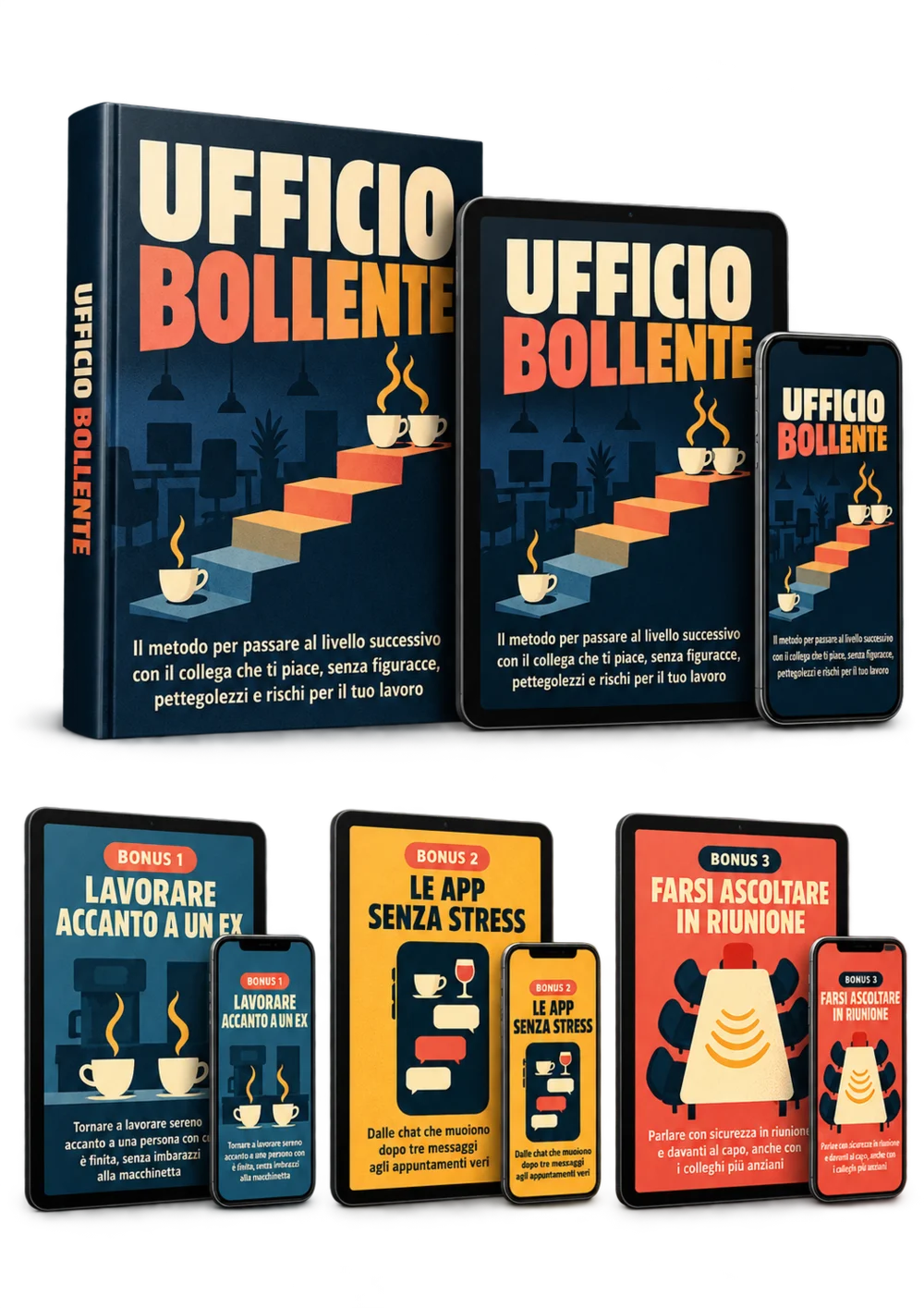 La guida Ufficio Bollente e i tre bonus, su libro, tablet e telefono