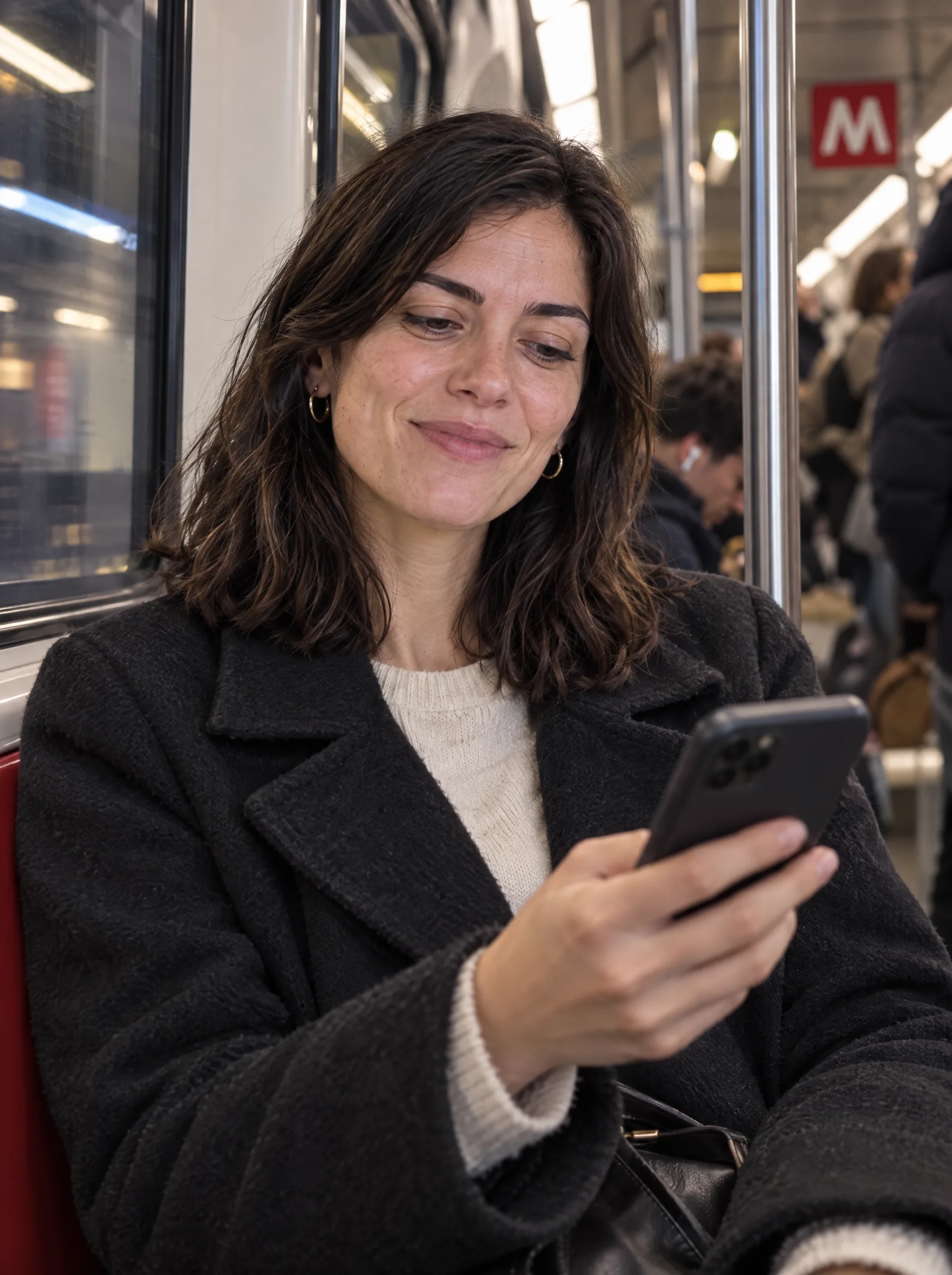 Lei in metro legge sul telefono e sorride appena